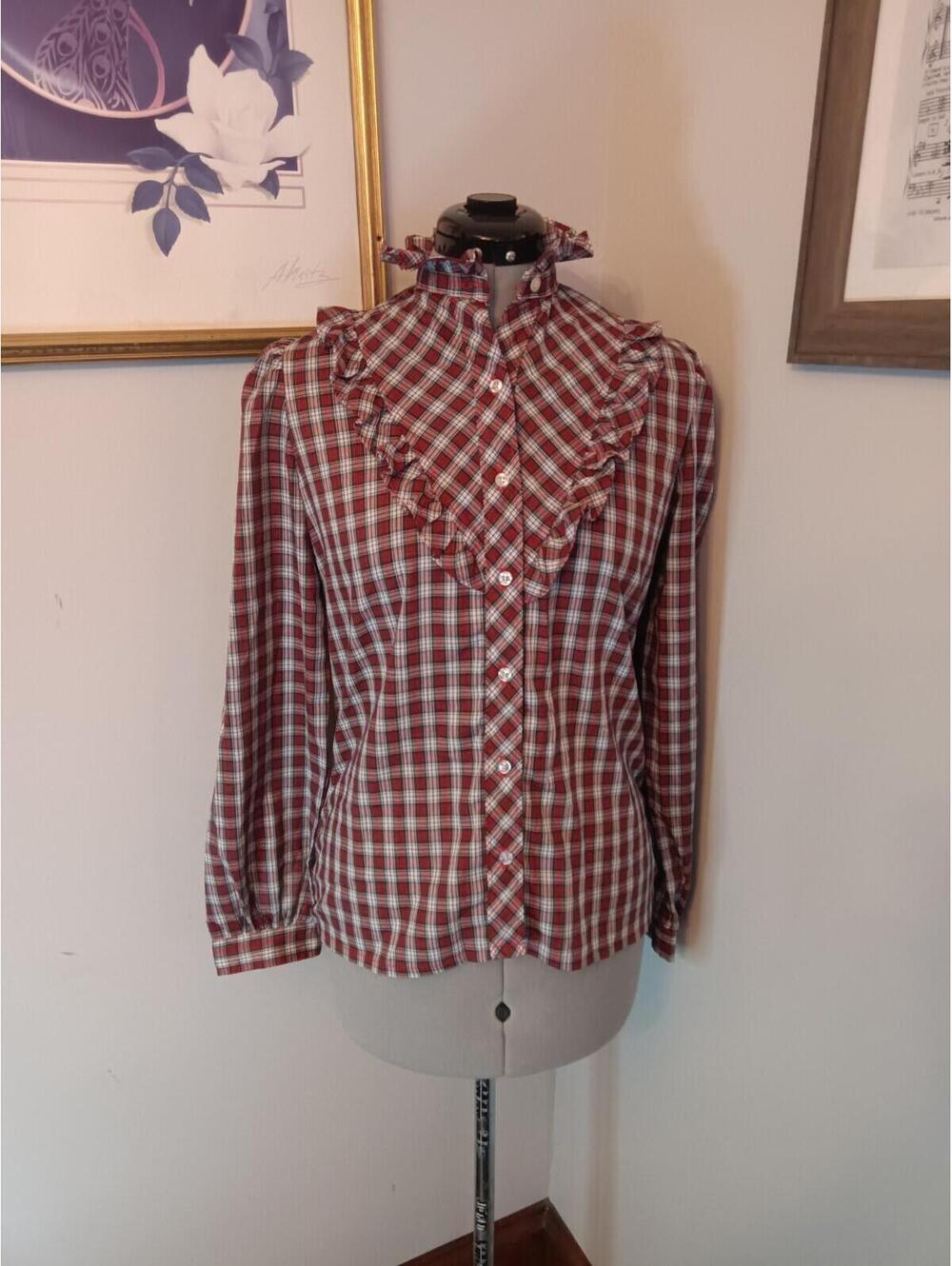 Vintage 60s 70s Ruffled Blouse, Retro Plaid Victorian Prairie Style Red & Green - Picture 4 of 5